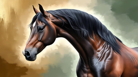 Beautiful bay horse with long mane portrait. Realistic illustrationの素材