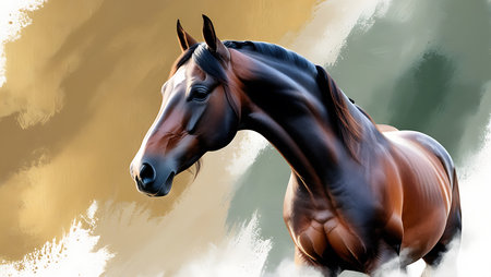 Beautiful bay horse on abstract background. Digital painting. Vector illustration.の素材
