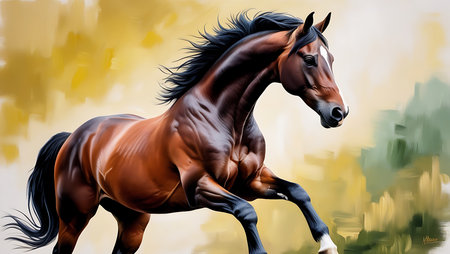 Beautiful bay horse galloping on abstract background. Digital painting.の素材