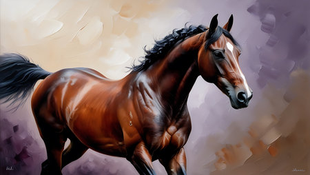 Digital painting of a bay horse with long mane in motion.の素材