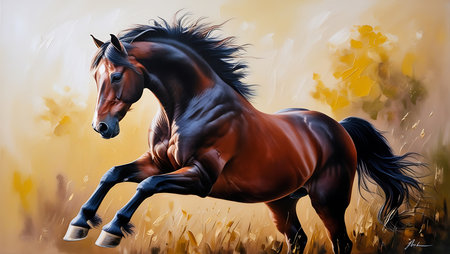 Beautiful horse galloping in the autumn field. Digital painting.の素材