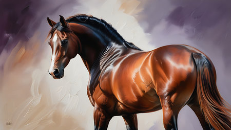 Beautiful chestnut stallion in motion. Realistic painting.の素材