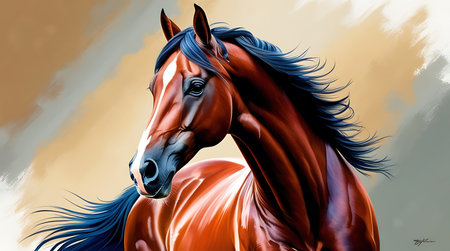 Horse portrait on a background of the sky with clouds. Digital painting.の素材