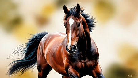 Beautiful bay horse portrait with flowing mane. Realistic illustrationの素材