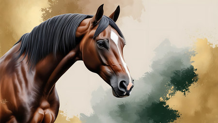 Portrait of a bay horse on a grunge background. Vector illustrationの素材
