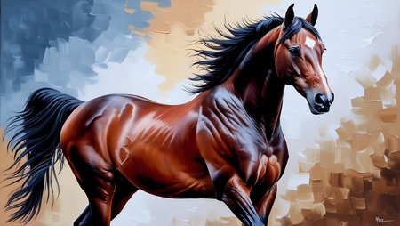 Illustration of a bay horse in motion. Realistic painting.の素材