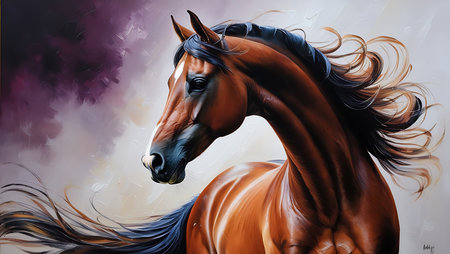 Beautiful bay horse with long mane. Digital painting. Horse portrait.の素材