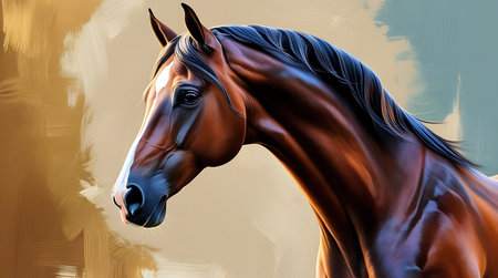 Digital painting of a bay horse with a mane in the backgroundの素材