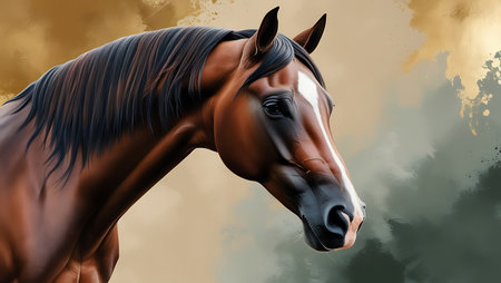 Portrait of a bay horse on a grunge background. Digital painting.の素材