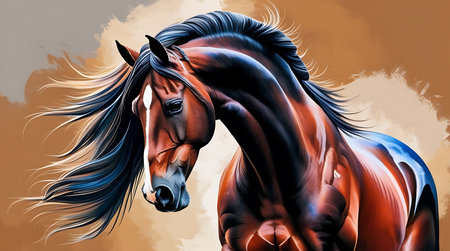 Digital painting of a bay horse with a mane in the backgroundの素材