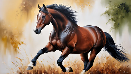 Beautiful bay horse running in the meadow. Digital painting.の素材