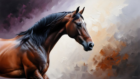 Digital painting of a bay horse in motion against an abstract background.の素材