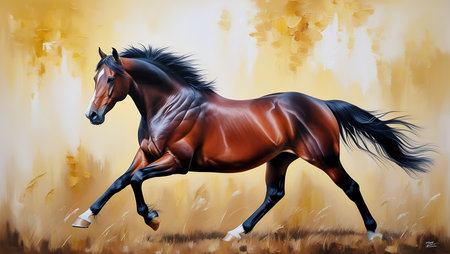 Beautiful bay horse galloping in the field. Digital painting.の素材
