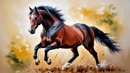 Horse running gallop on autumn field. Realistic vector illustrationの素材