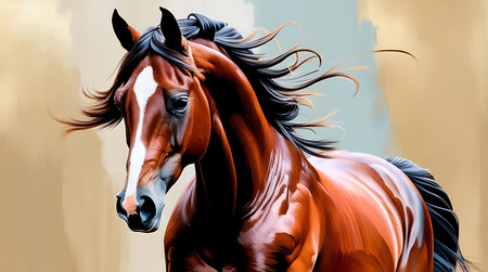 Portrait of a beautiful bay horse with a mane. Digital painting.の素材