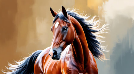 Digital painting of a bay horse with long mane on brown backgroundの素材