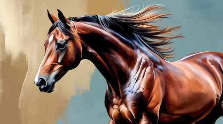 Digital painting of a bay horse with mane, side view.の素材
