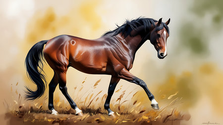 Beautiful bay horse on the meadow. Realistic vector illustrationの素材