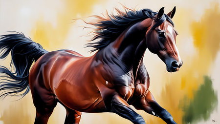 Beautiful bay horse with long mane portrait. Digital painting.の素材