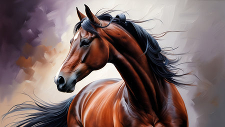 Digital painting of a bay horse with long mane in profile.の素材