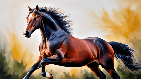 Beautiful horse on a background of the autumn landscape. Digital painting.の素材