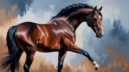 Horse run gallop in the city. Side view. Digital painting.の素材