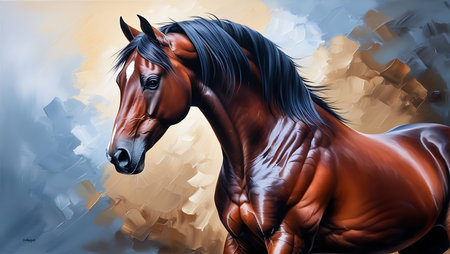 Digital painting of a bay horse with long mane and maneの素材