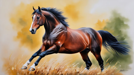 Beautiful bay horse galloping in the field. Digital painting.の素材