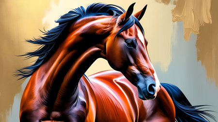 Horse head with a mane in the bridle on an abstract backgroundの素材