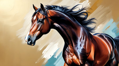 Horse portrait with long mane on colorful background. Digital painting.の素材