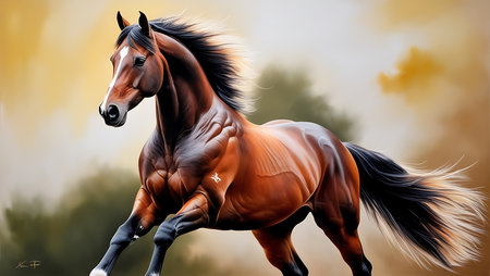 Horse on a background of autumn landscape. Digital painting. Vector illustration.の素材