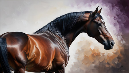 Digital painting of a bay horse in motion. Digital painting of a horse.の素材