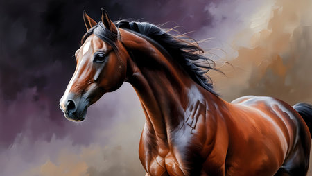 Beautiful bay horse portrait. Realistic illustration of a horse.の素材