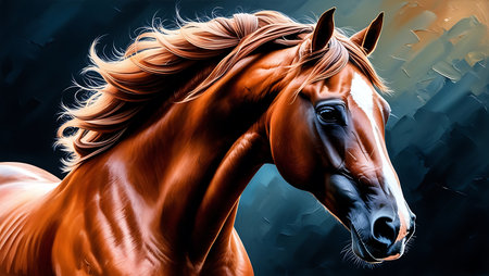 Portrait of a bay horse on a dark background. Digital painting.の素材