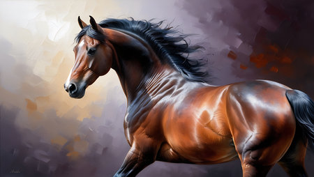 Portrait of a beautiful bay horse with long mane. Digital painting.の素材