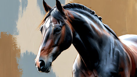 Digital painting of a bay horse with big mane in the backgroundの素材