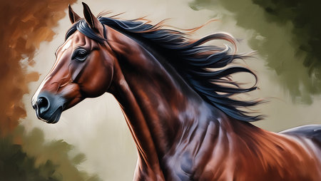 Digital painting of a bay horse with long mane in motion.の素材