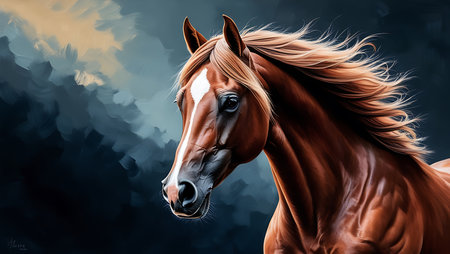 Digital painting of a beautiful bay horse with long mane on black backgroundの素材