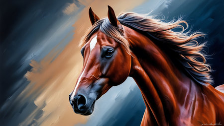 Portrait of a purebred horse on a background of the skyの素材