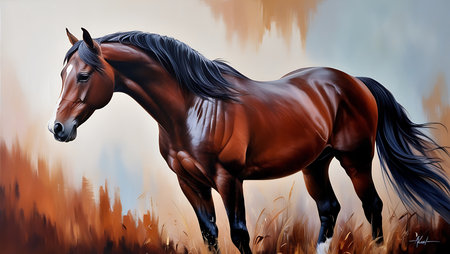 Beautiful bay horse in the meadow. Digital painting on canvas.の素材