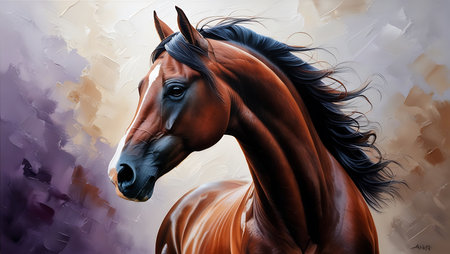 Digital painting of a bay horse with black mane and maneの素材