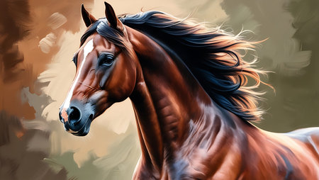 Beautiful bay horse portrait on abstract background. Digital painting illustration.の素材