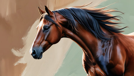 Digital painting of a bay horse with long mane in motion.の素材