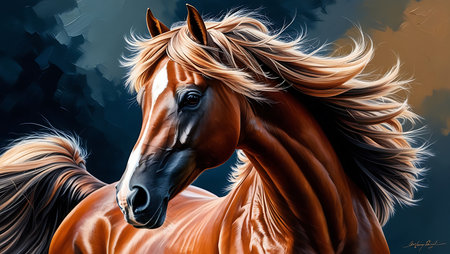 Digital painting of a bay horse with mane and mane.の素材