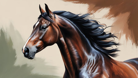 Horse portrait. Realistic illustration of a beautiful bay horse with long mane.の素材