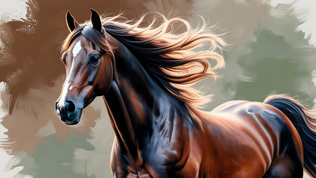 Digital painting of a horse with flowing mane in the wind.の素材