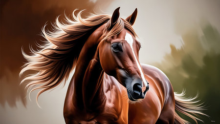 Horse portrait with flowing mane on brown background. 3D renderingの素材