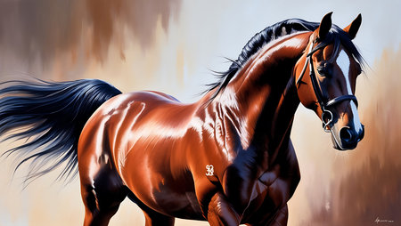 Beautiful bay horse with long mane portrait. Digital painting.の素材