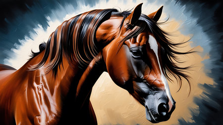 Horse head with black mane on abstract background. Digital painting.の素材