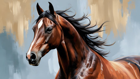 Portrait of a beautiful bay horse in motion. Digital painting.の素材